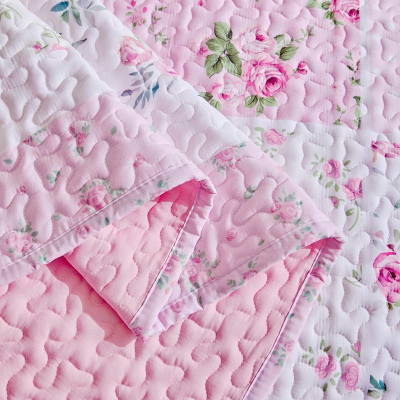 Patchwork Quilt Set King Size,3 Pieces Pink White Green Floral Plaid Reversib... gallery