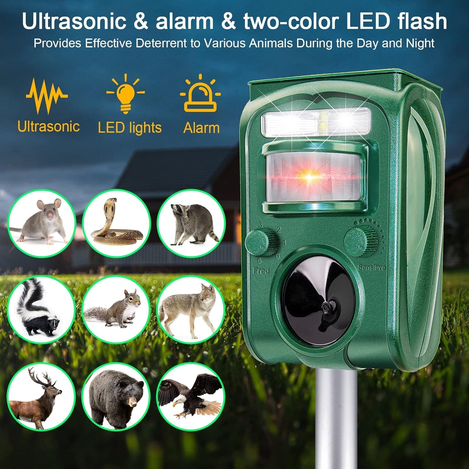 Solar Power Ultrasonic Animal Repeller Waterproof Pest Deterrent for Outdoor Use gallery