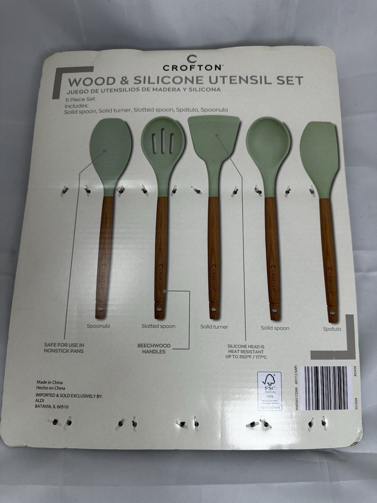 Crofton Wood & Silicone Utensil Set 5-Piece Green Spoon, Turner, Spatula gallery