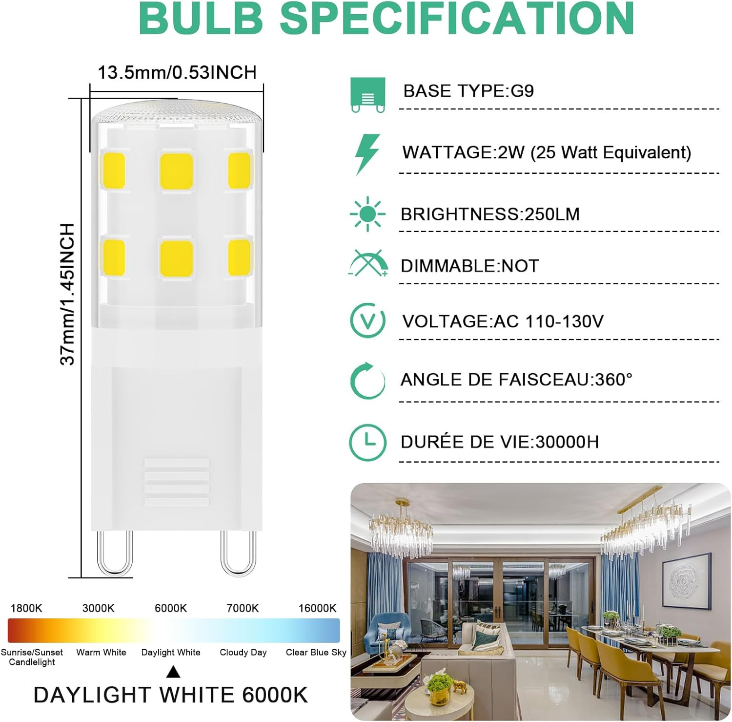G9 LED Bulb 2W,25W Halogen Light Bulbs Equivalent Daylight White -5pcs gallery