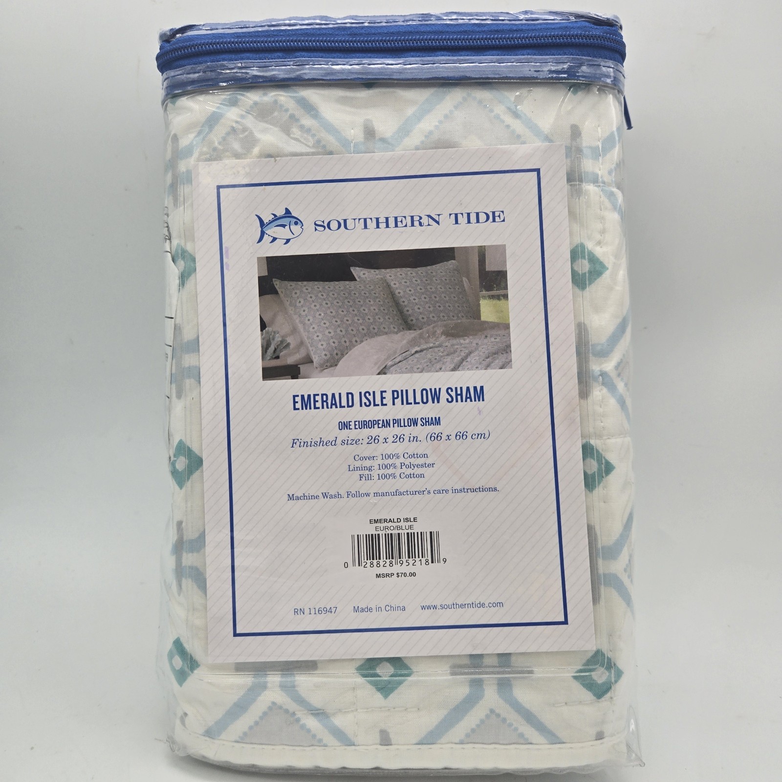 One Southern Tide Emerald Isle Euro Pillow Shams Blue Teal White 26x26 gallery