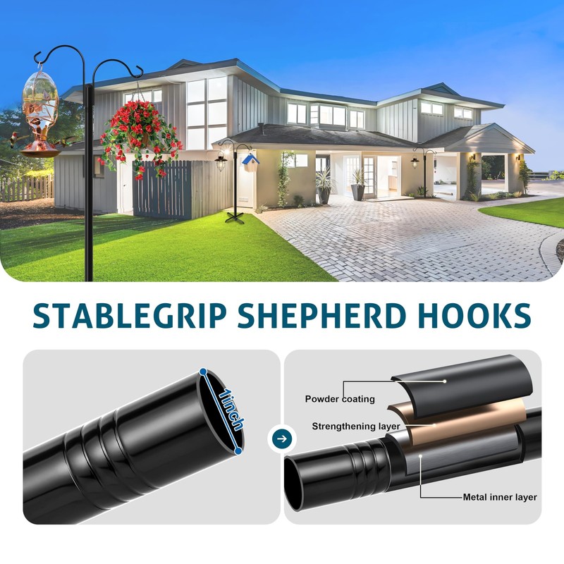 Double Shepherds Hooks for Outdoor, 76 Inch Bird Feeder Pole with 5 Prong Bas... gallery