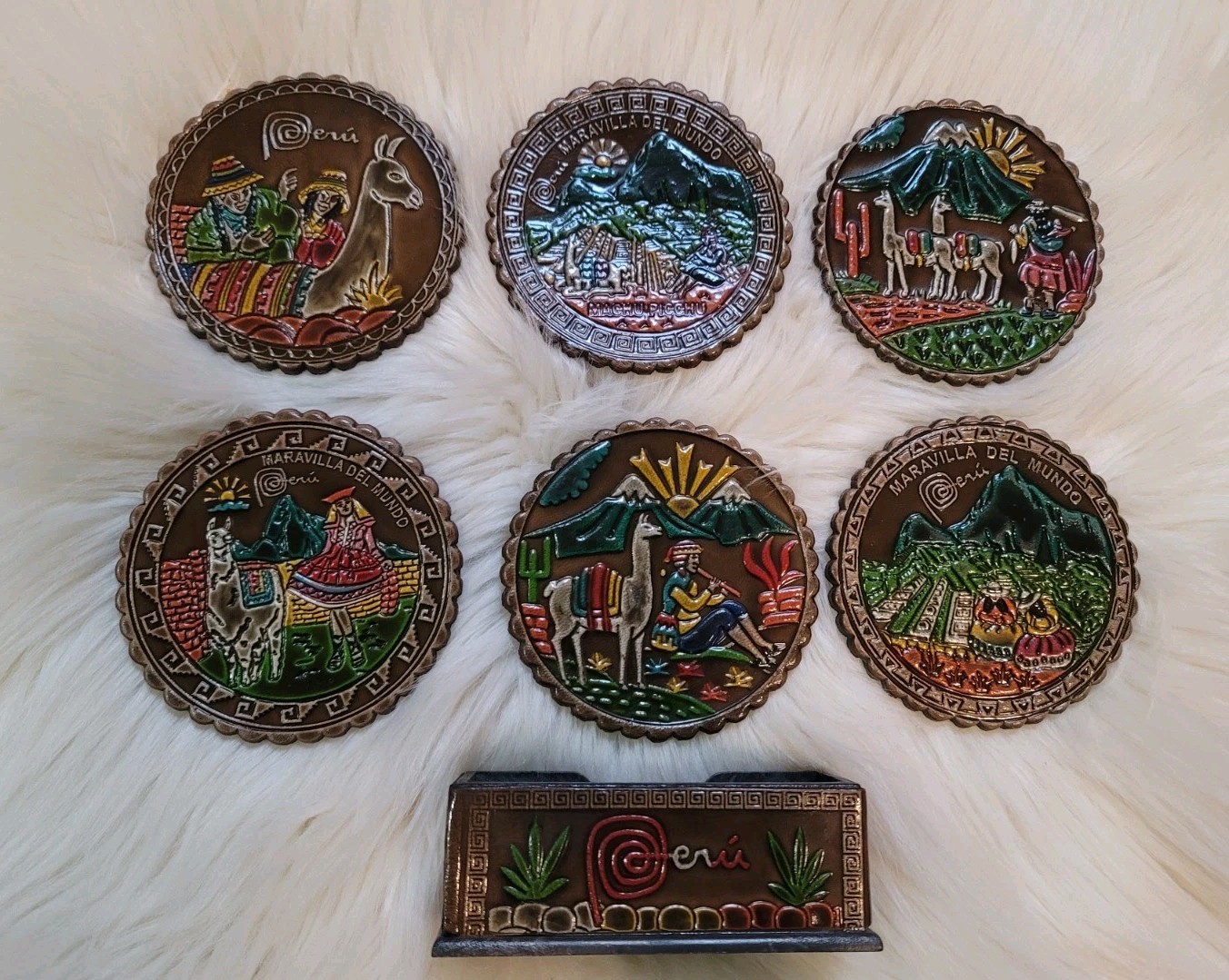 Peru Handpainted Coasters Llama Set 6 W/ Holder Folk Art Souvenir Mixed Material gallery