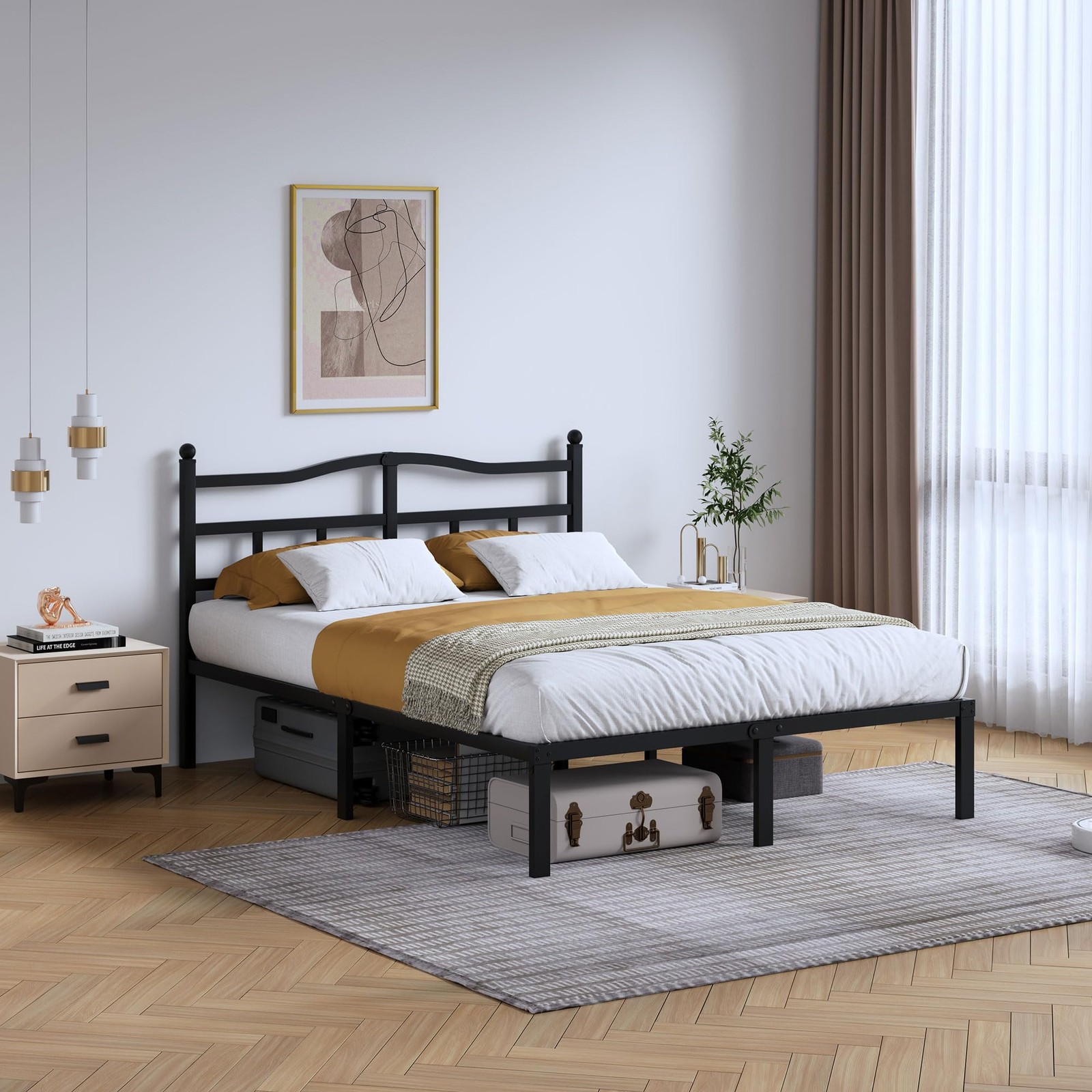 Queen 14 Inch Metal Bed Frame with Headboard, Steel Slats, No Box Spring gallery