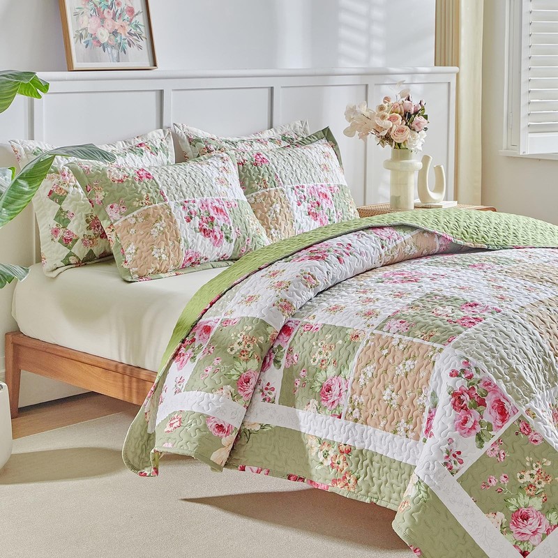 Patchwork Quilt Set King Size,3 Pieces Green White Pink Floral Plaid Reversib... gallery