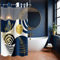Boho Mid Century Modern Hookless Shower Curtain with Snap in Liner, Navy Blue an