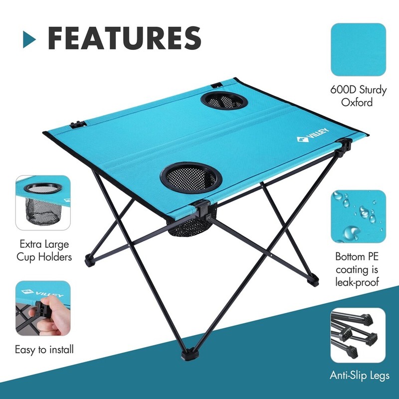 VILLEY Folding Camping Table Lightweight Portable Beach Table with 2 Cup Holders gallery
