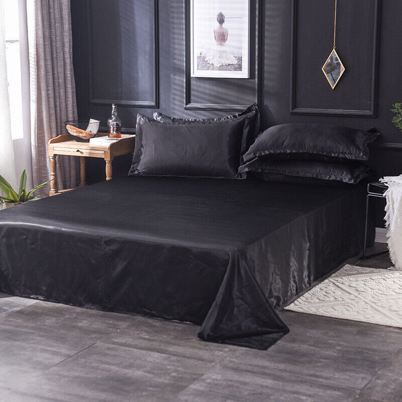 Satin Silk Bedding Set Flat Bed Sheet Pillow Case Flat Sheet Twin/Queen/King Bed gallery