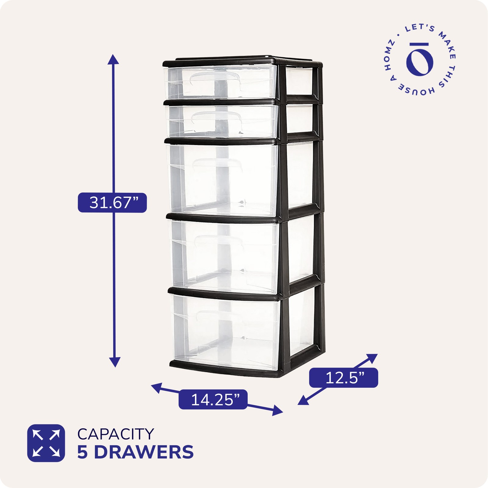Homz Plastic 5 Drawer Home Storage Container TowerCloset Organizer, Black Frame gallery
