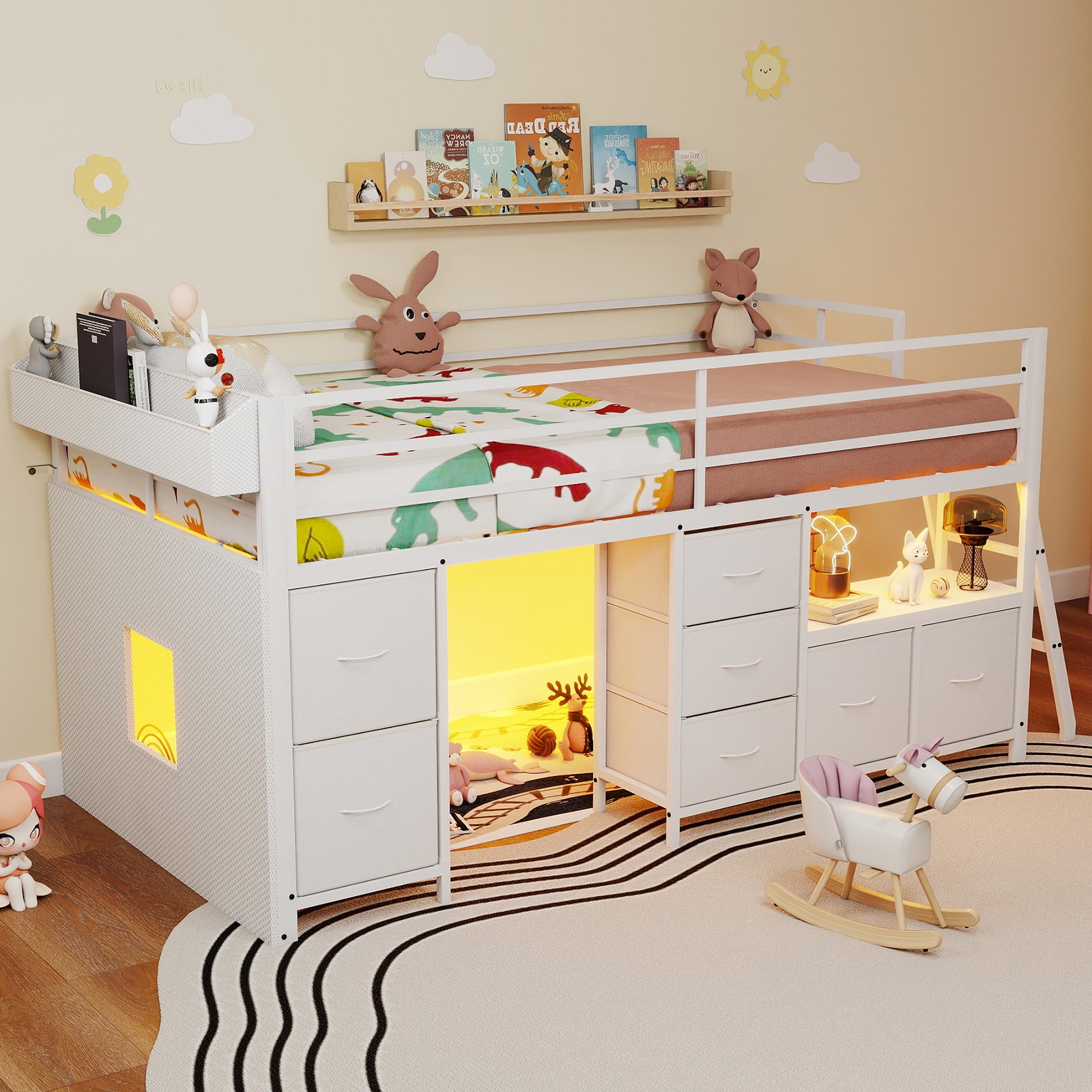 Low Loft Bed Twin Size with 7 Storage Drawers, Bookcase and LED Light，White gallery