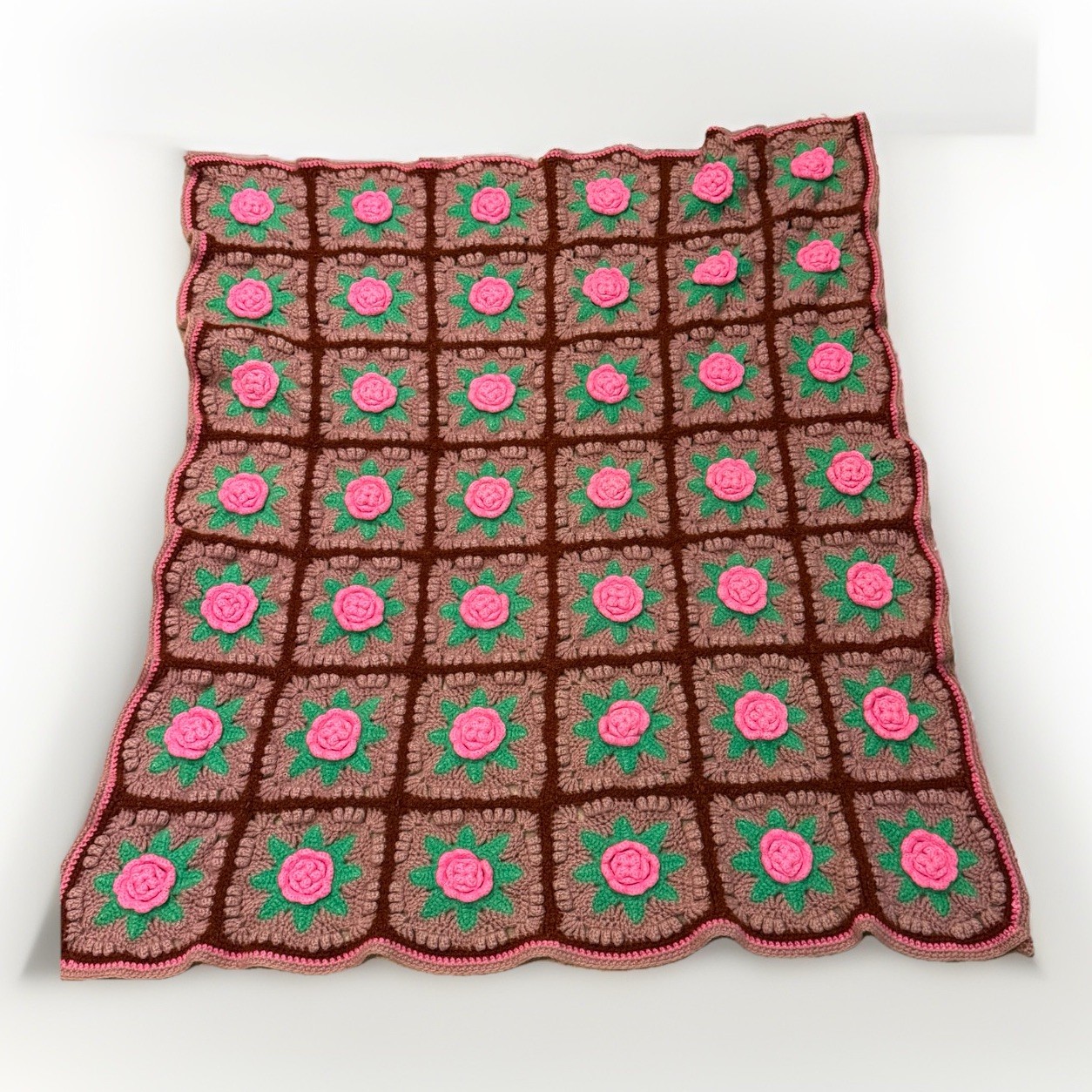 Hand Made Crochet Granny Square 3D Rose Floral Afghan Blanket 44”x36” Pink Brown gallery