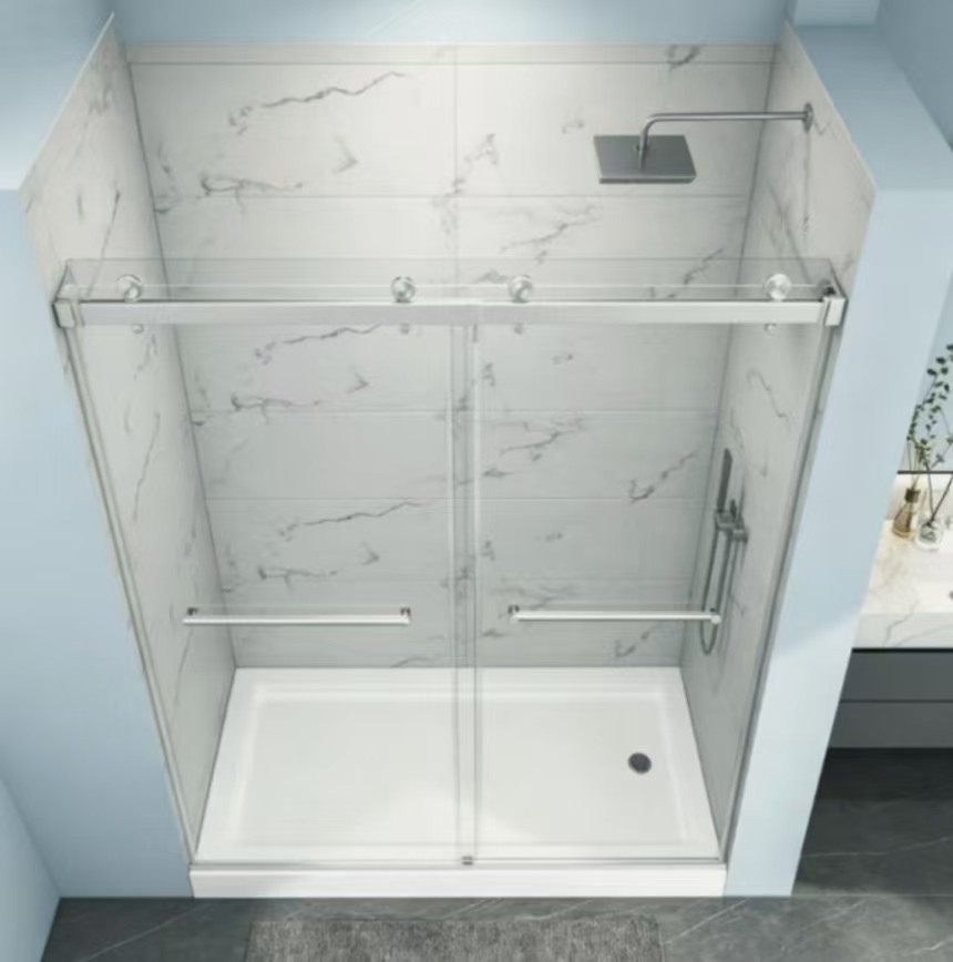 Silver Walk In Shower Kits 60"x76"Sliding Shower Door 5/16"Safe Tempered Glass gallery