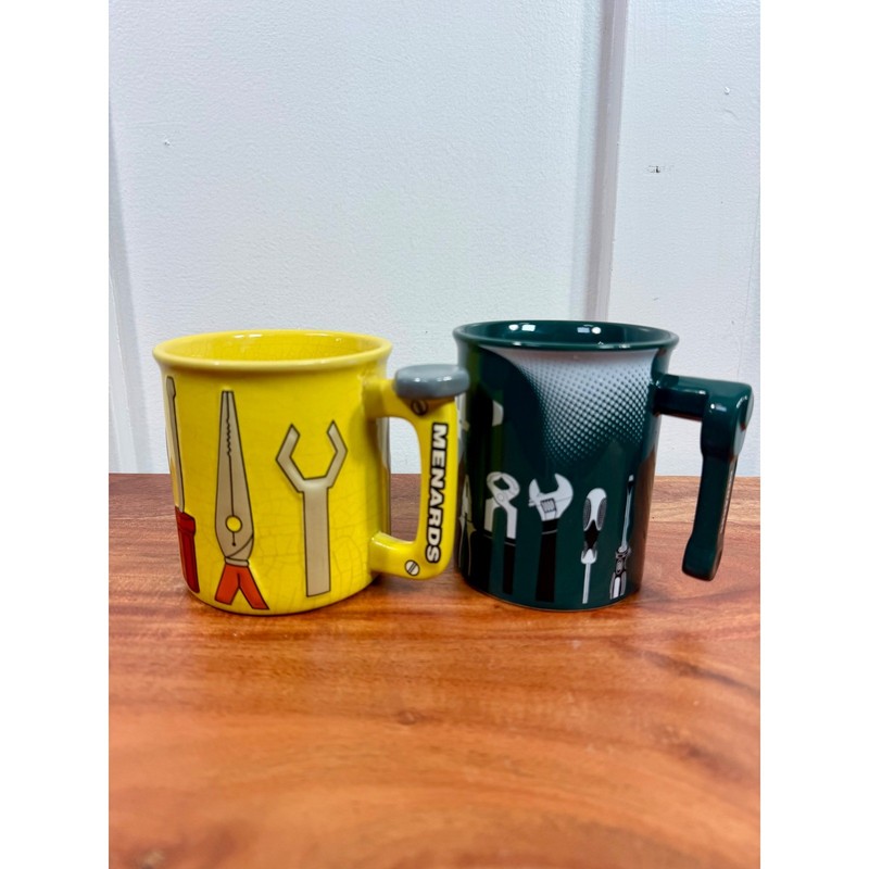 Menards Coffee Mug 3D Tools Graphic Set of 2 Yellow & Green Tool Handles Ceramic gallery