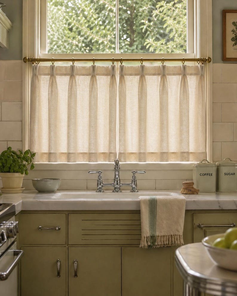 Double Pleated Natural Cotton Linen Blend Cafe Curtain, 1 Panel gallery