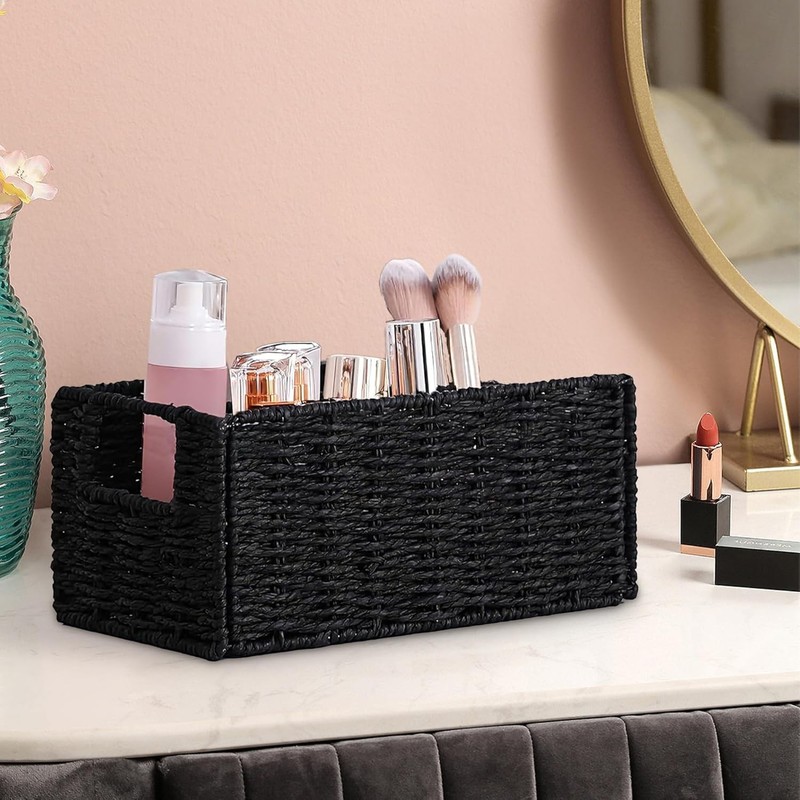 Set of 4 Wicker Storage Baskets Foldable Paper Rope Bins with Handles for Home gallery