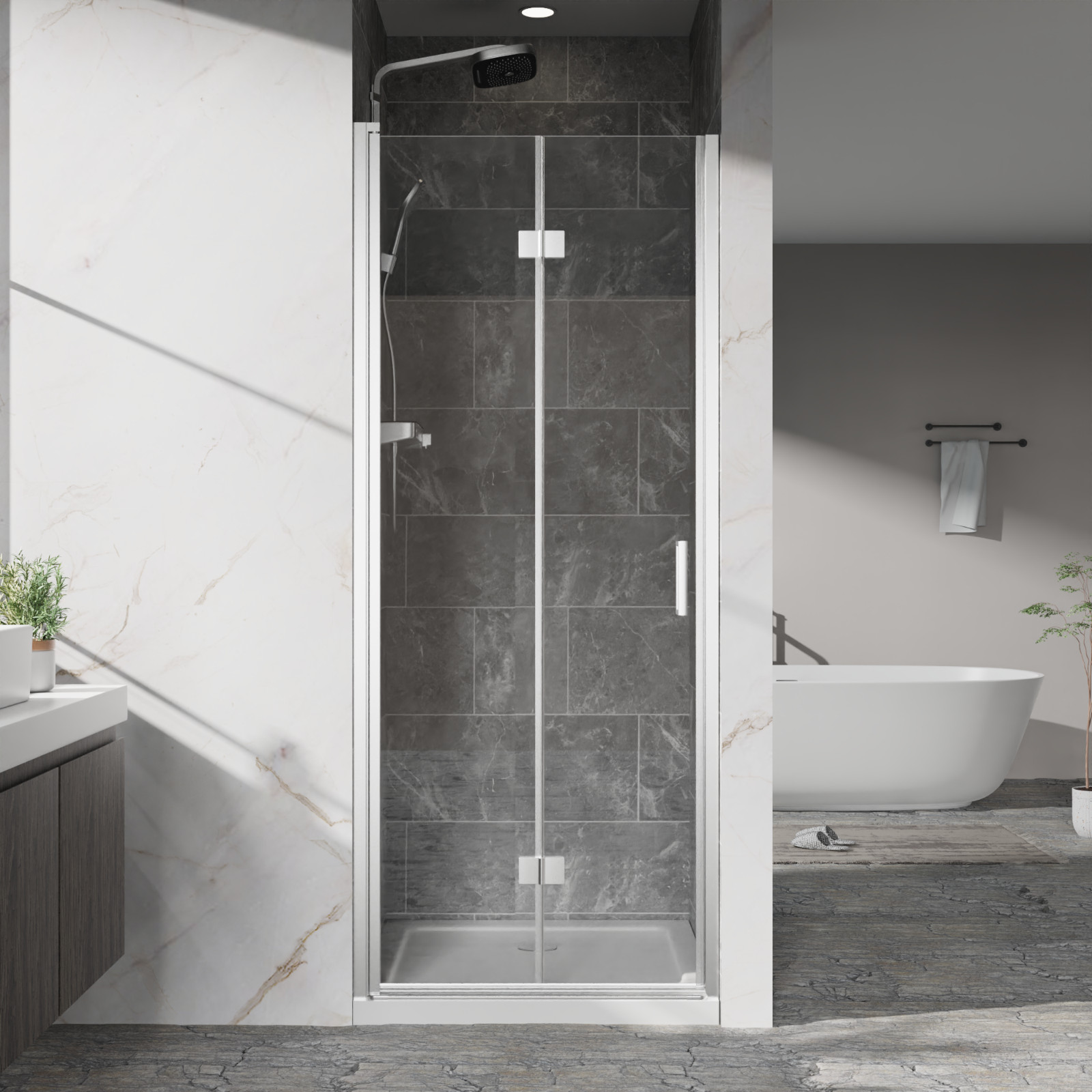 32"x72" Frameless Bi-Fold Pivot Shower Door - 6mm Clear Glass, Chrome Hardware gallery