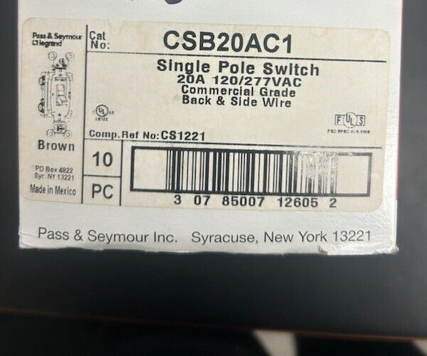 CSB20AC1 Pass and Seymour Single Pole Toggle Switch, 20 Amp, 120/277 VAC gallery