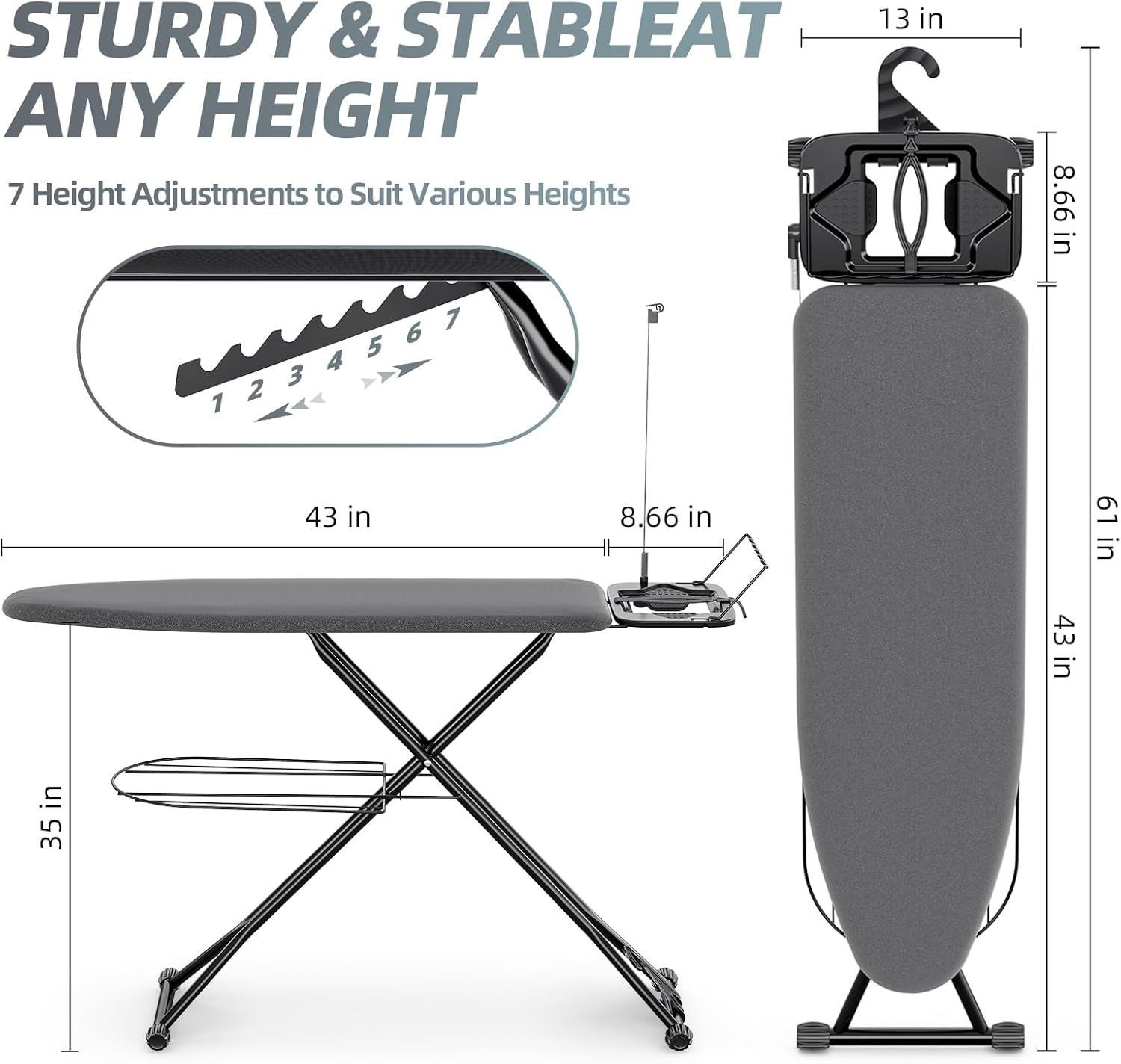 Ironing Board, 7 Adjustable Heights Stand with Hanger and Iron Rest, 13x43 Black gallery