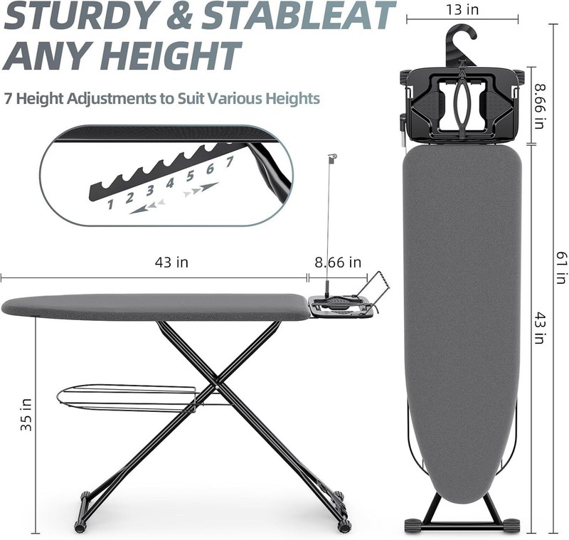 Ironing Board, 7 Adjustable Heights Stand with Hanger and Iron Rest, 13x43 Black gallery