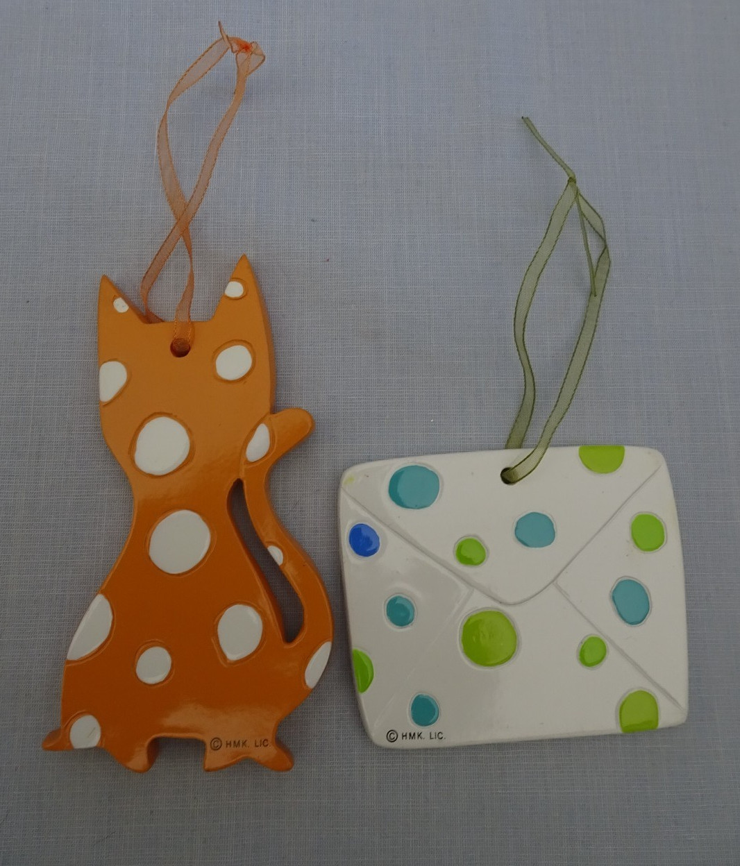 2 Whimsical Hallmark Christmas Ornament Ceramic Tile Polka Dot LETTER & CAT gallery