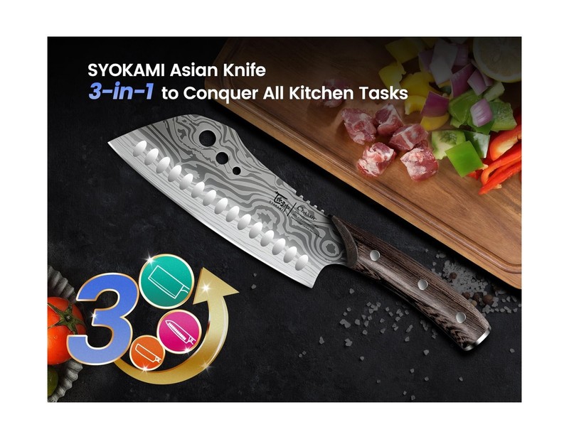 Cleaver Chef Knife with Herb Stripper, 7" Asian Kitchen Knife 3-in-1 Combined... gallery