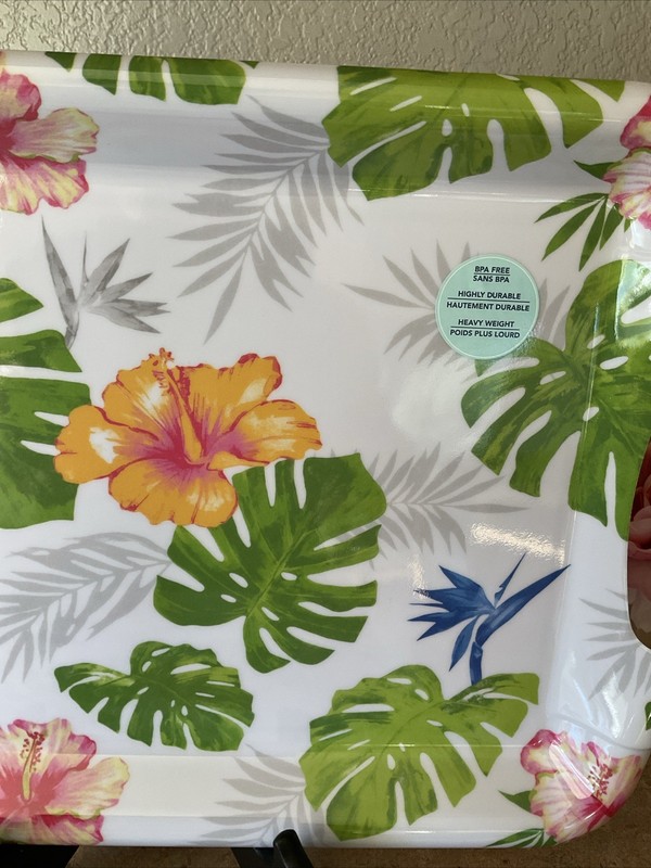 Rectangular Serving Trays w/Handles Hibiscus Palm Trees Lot 2 gallery