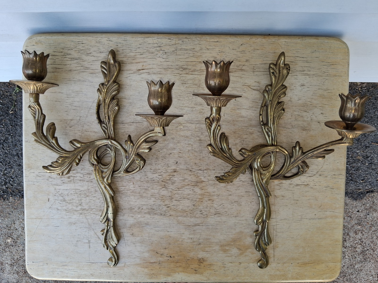 VINTAGE SOLID BRASS ORNATE WALL SCONCES CANDLE HOLDERS LOUIS XV ROCOCO STYLE MCM gallery