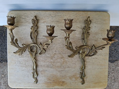 VINTAGE SOLID BRASS ORNATE WALL SCONCES CANDLE HOLDERS LOUIS XV ROCOCO STYLE MCM