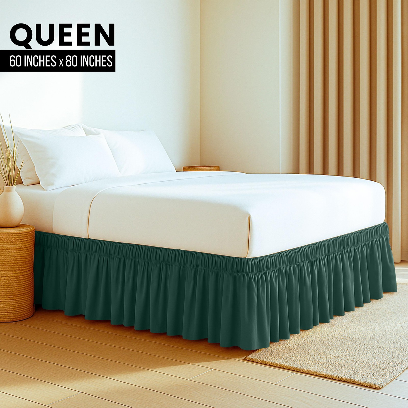 Queen Bed Skirt - Microfiber Ruffle with Adjustable Elastic - Emerald gallery