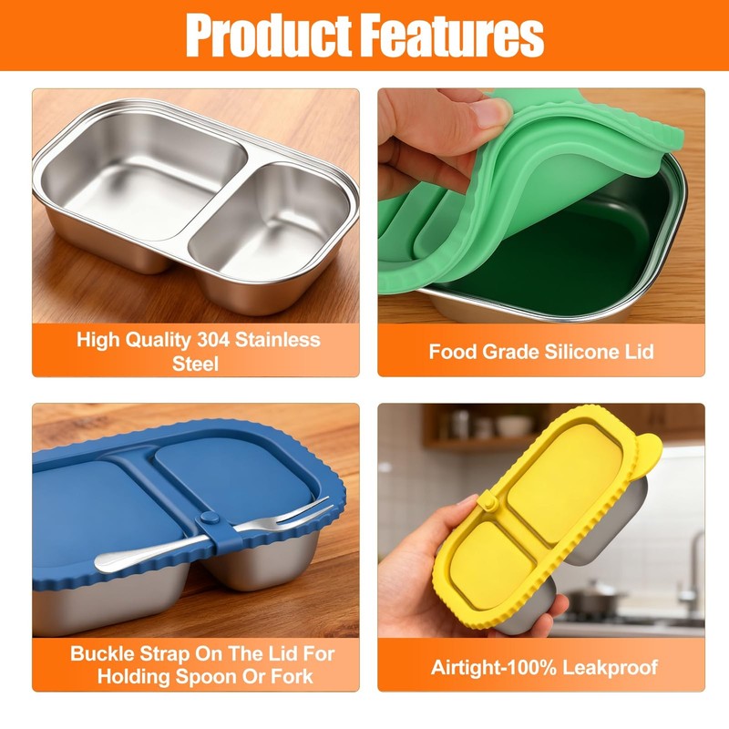 Solldgt Stainless Steel Snack Containers with Silicone Lids, 2 Medium, 2 Pack gallery