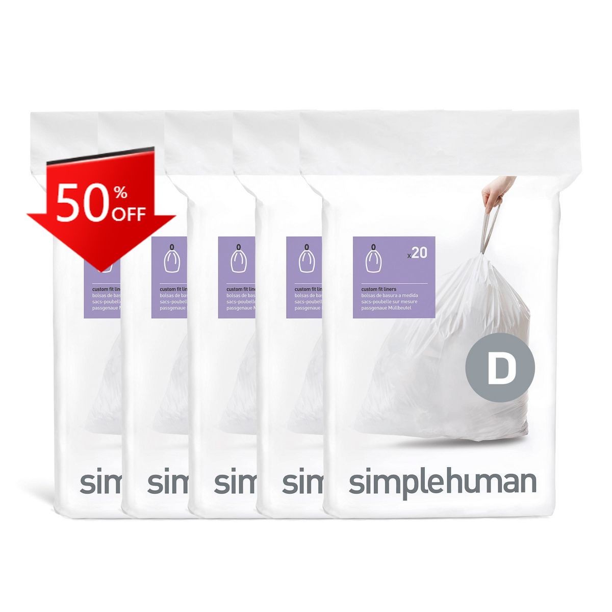 simplehuman 20L Code D Custom Fit Kitchen Trash Bag Liners 5Quick-Dispense 100ct gallery