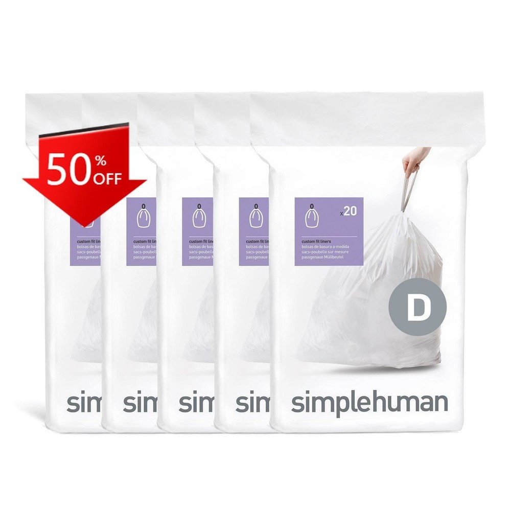 simplehuman 20L Code D Custom Fit Kitchen Trash Bag Liners 5Quick-Dispense 100ct