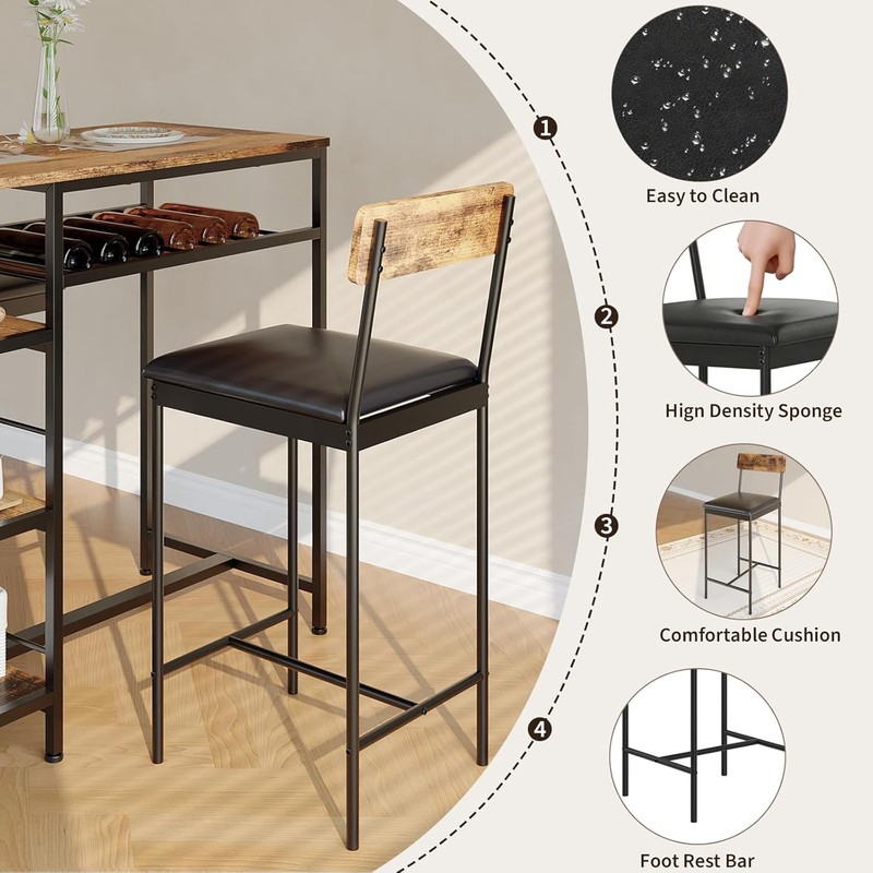 3PCS Dining Table Set w/ 2 Upholstered Bar Stool Wine Rack Kitchen Dining Room gallery