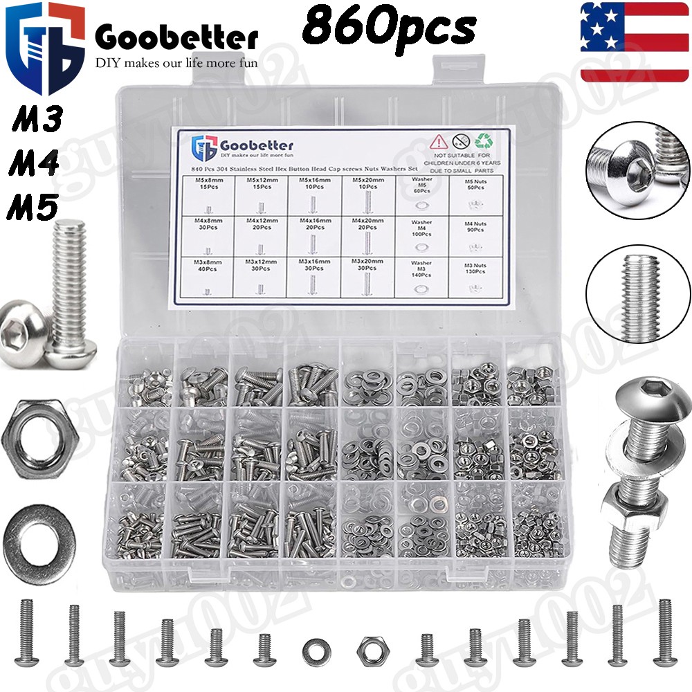 840Pcs M3 M4 M5 Button Head Hex Socket Cap Screws Bolts Nuts Washer Assortment