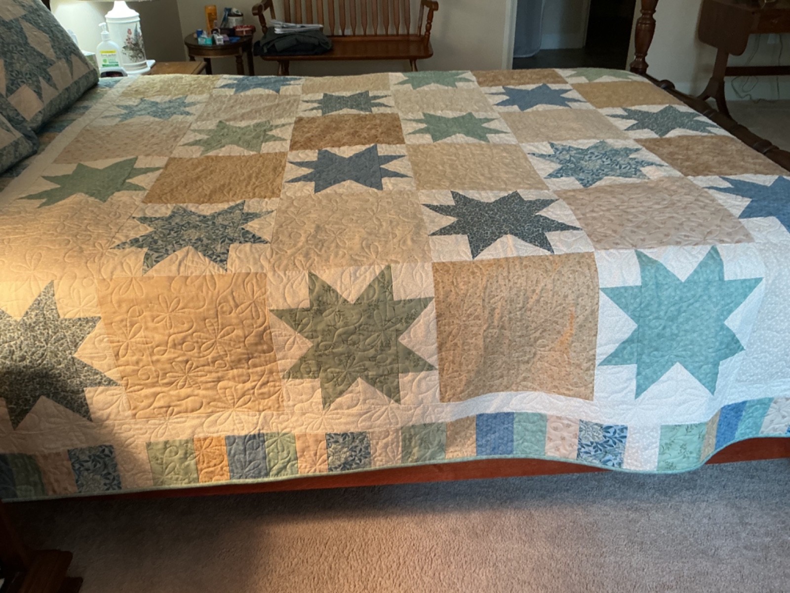 Queen Size Handmade Patchwork Quilt with Blue and Green Stars and Two Shams gallery