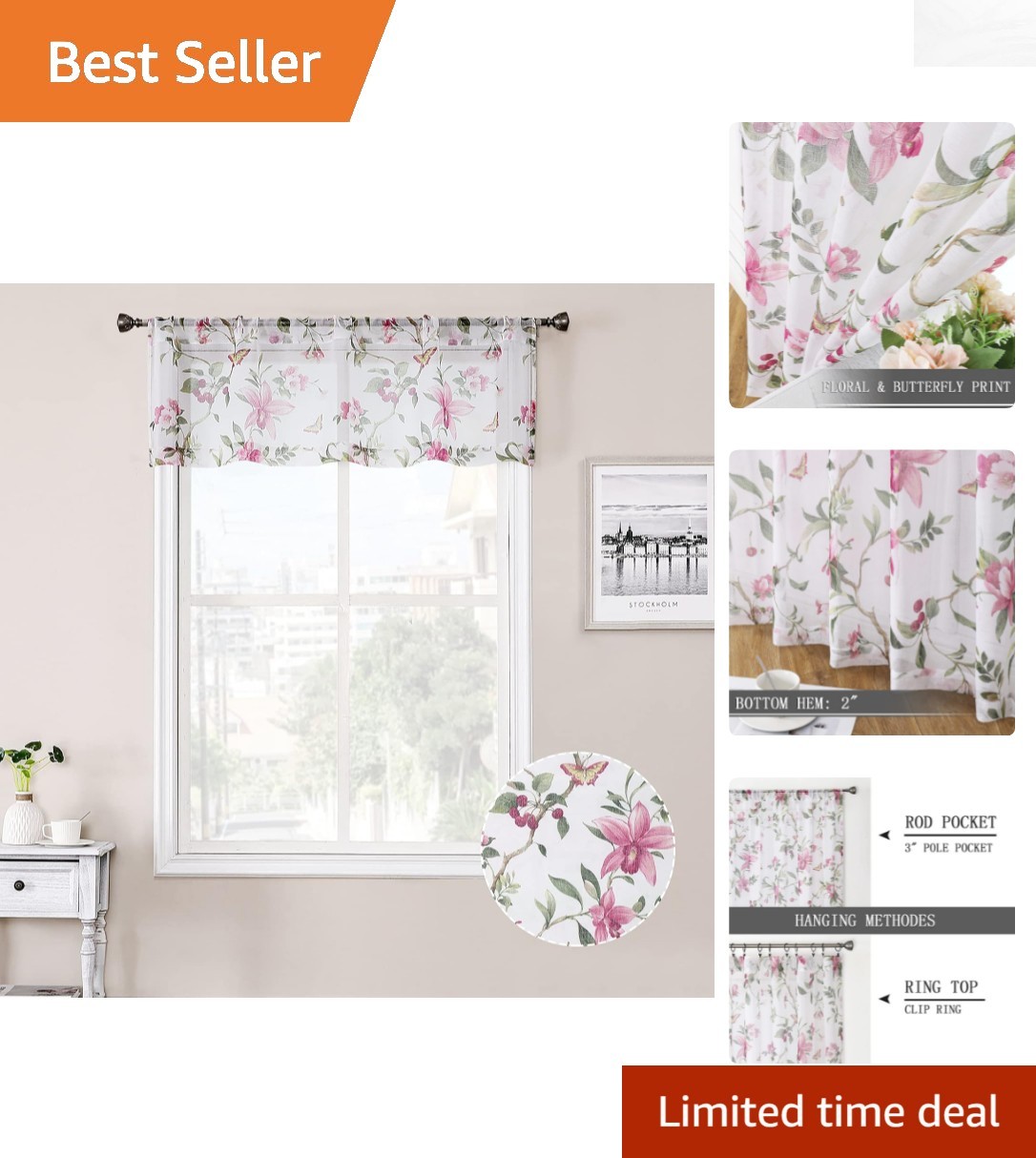 Country Rustic Sheer Curtain Valance - Pink Floral & Butterflies, 54 x 16 Inches gallery