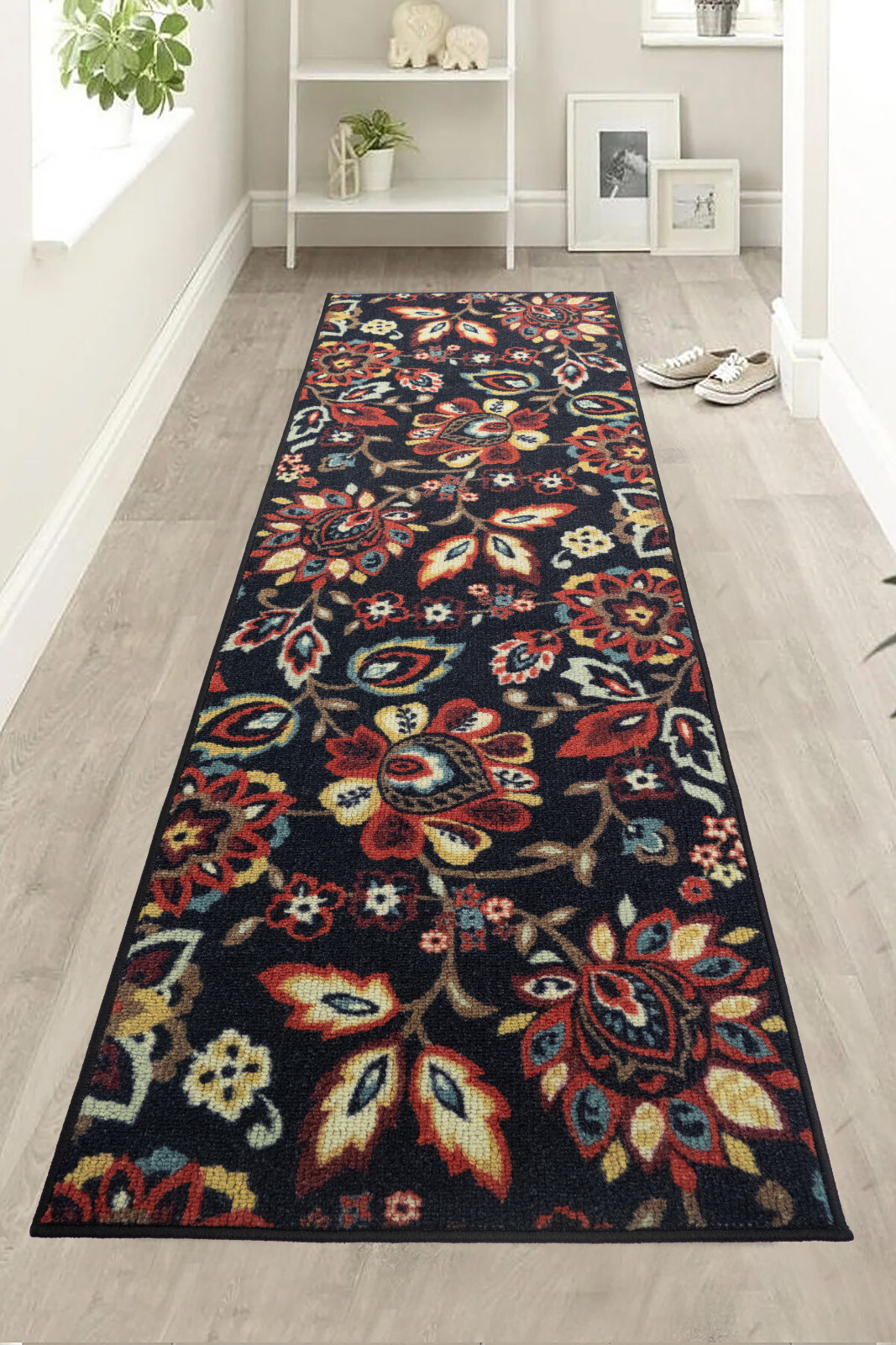 Rug Runner Non Slip Latex Backing Berber Floral Black Design 25" Wide gallery