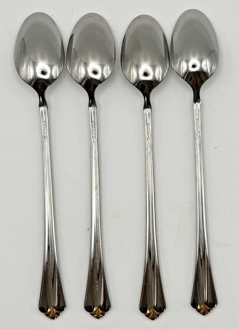 Oneida Golden Juilliard Iced Tea Spoons Set of 4 Stainless Gold Accent 7 1/4"EUC gallery