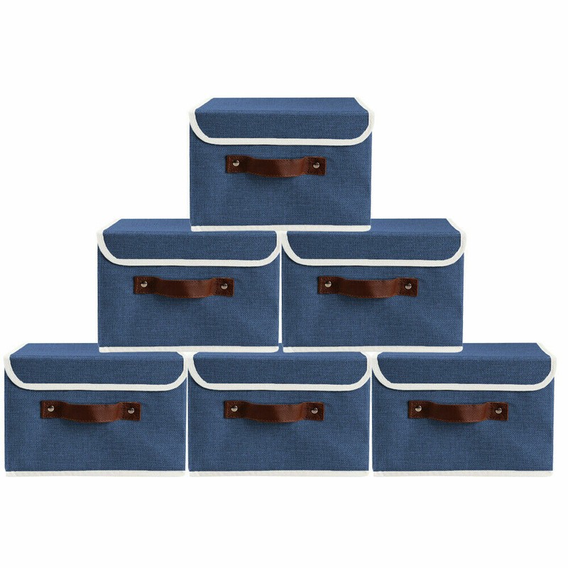 8Pc Collapsible Storage Box With Lid Linen Fabric Foldable Bins Organizer Basket gallery
