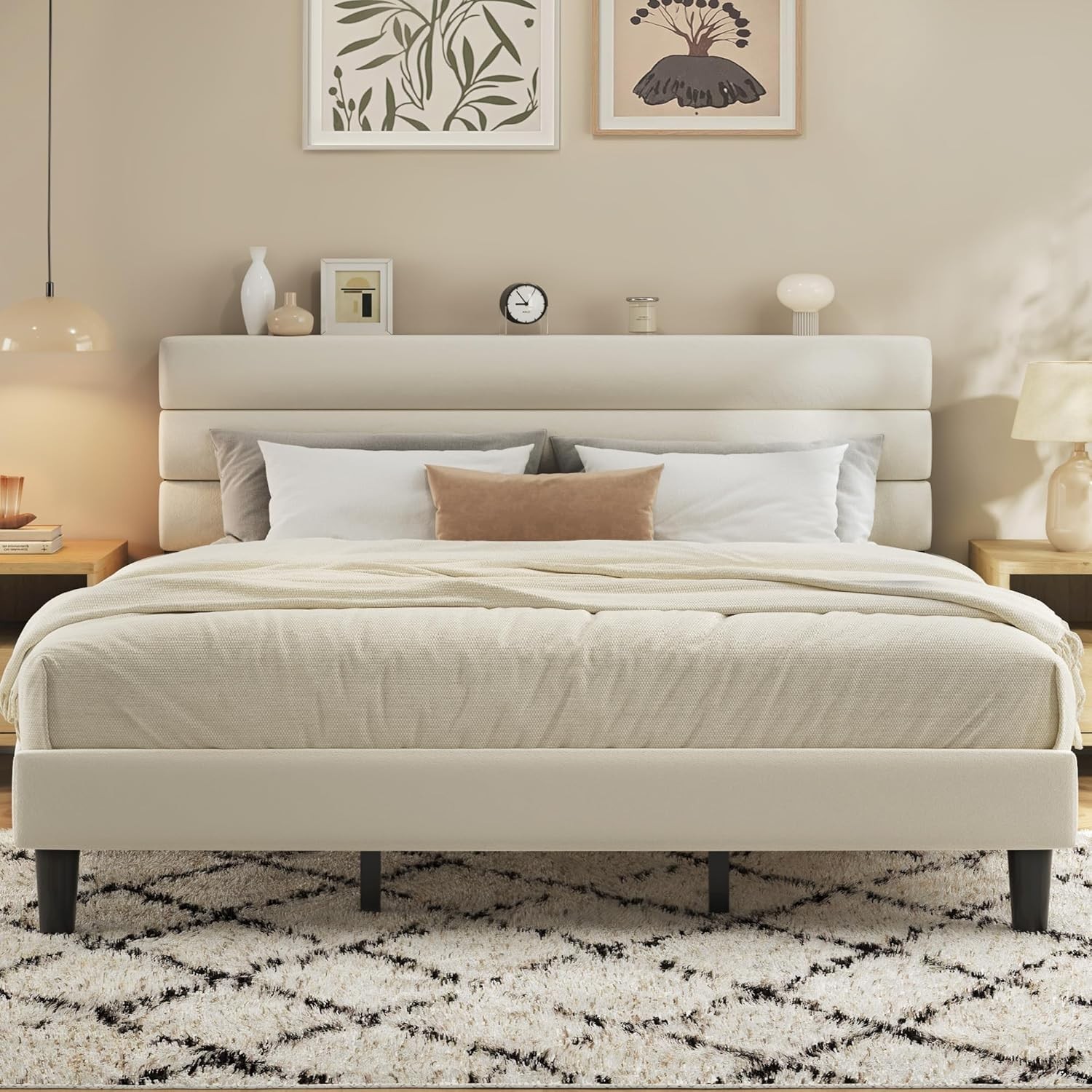 King Platform Bed Frame Velvet Upholstered Headboard No Box Spring Needed Sturdy gallery