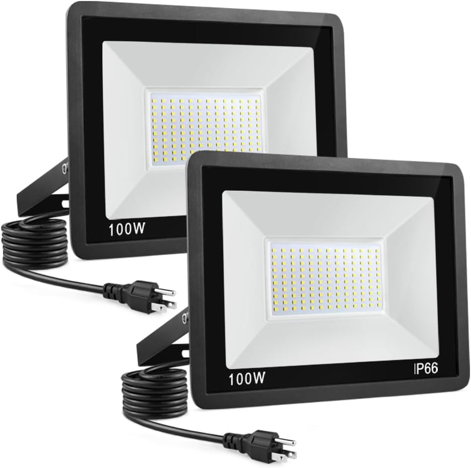 2 Pack 100W LED Flood Light 10000Lm IP66 6500K Plug In Outdoor Security gallery