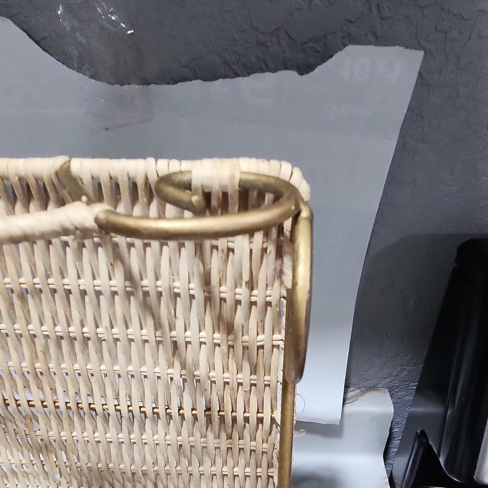 Woven Wicker Serving Tray Rectangle Metal Scroll Handles Beige Gold Large partie gallery