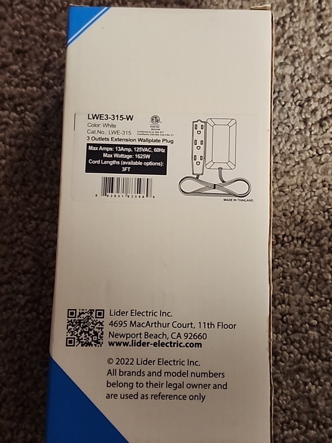 LIDER Flat-Face 3 Outlets Extension Wallplate Plug 125VAC 60Hz 3ft LWE3-315-W gallery