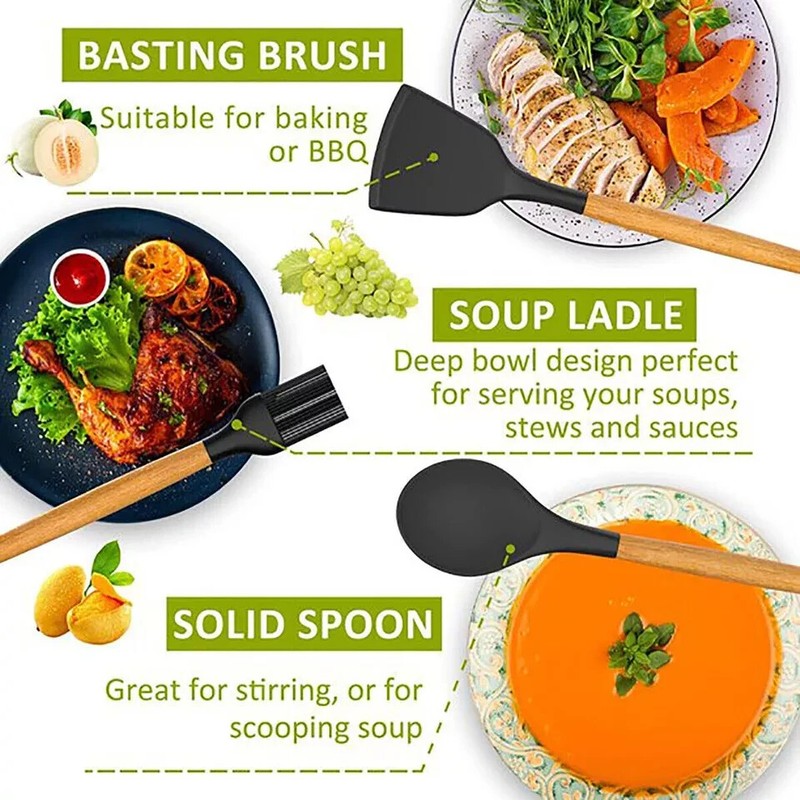 12-Pcs Kitchen Silicone Utensils Set with Heat Resist Wooden Handle Black gallery