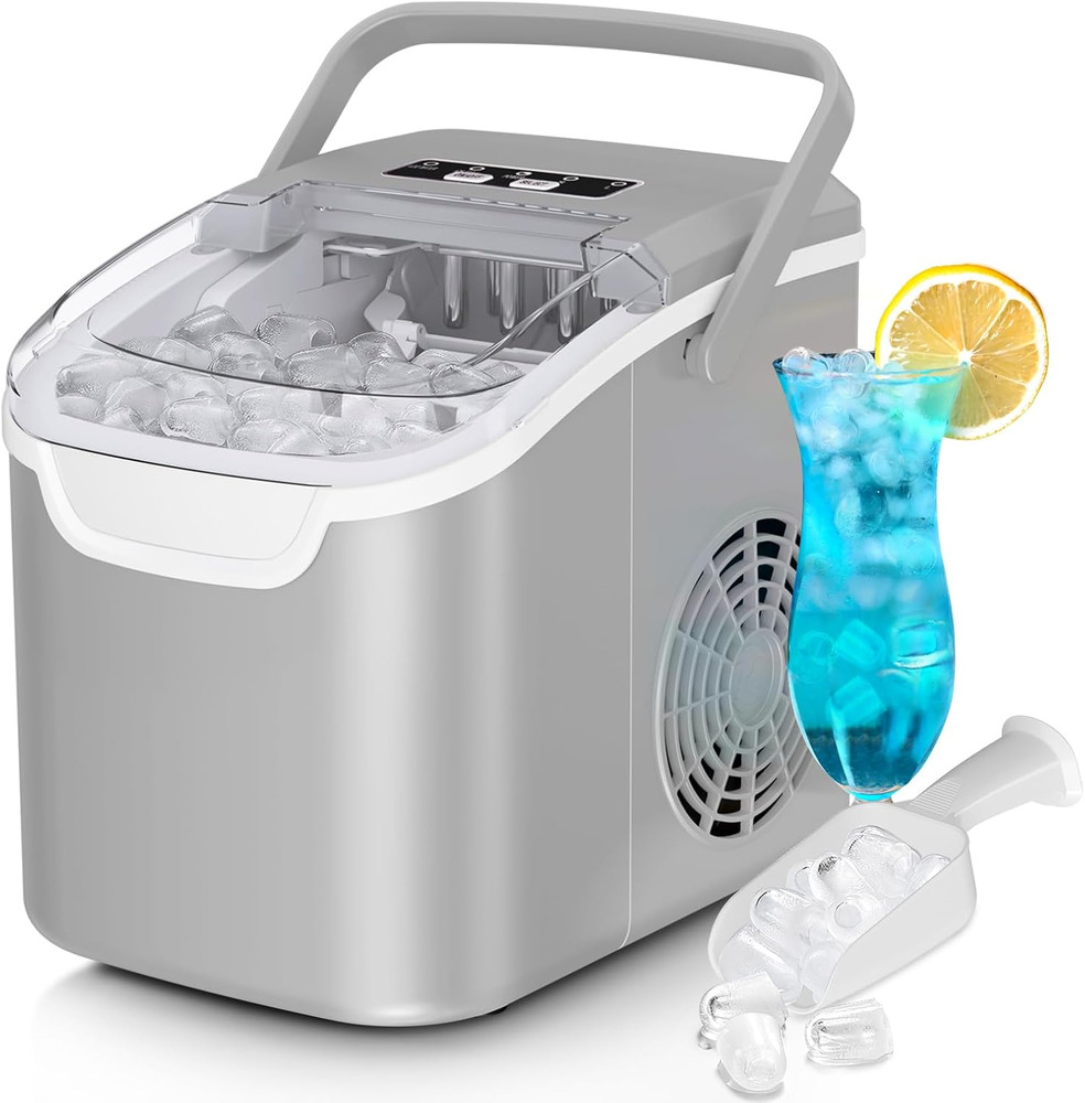 Countertop Ice Maker Machine, 8 Ice Cubes in 6 Mins, 26Lb/Day Bullet Ice with 2