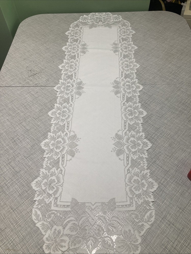 Pristine White Lace Table Runner 13x53” Floral Dresser Scarf Cottagecore Wedding