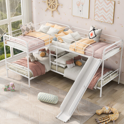 Heavy Duty Metal Bed Frame L-Shaped Triple Bunk Bed w/ Slide Mattress Foundation gallery