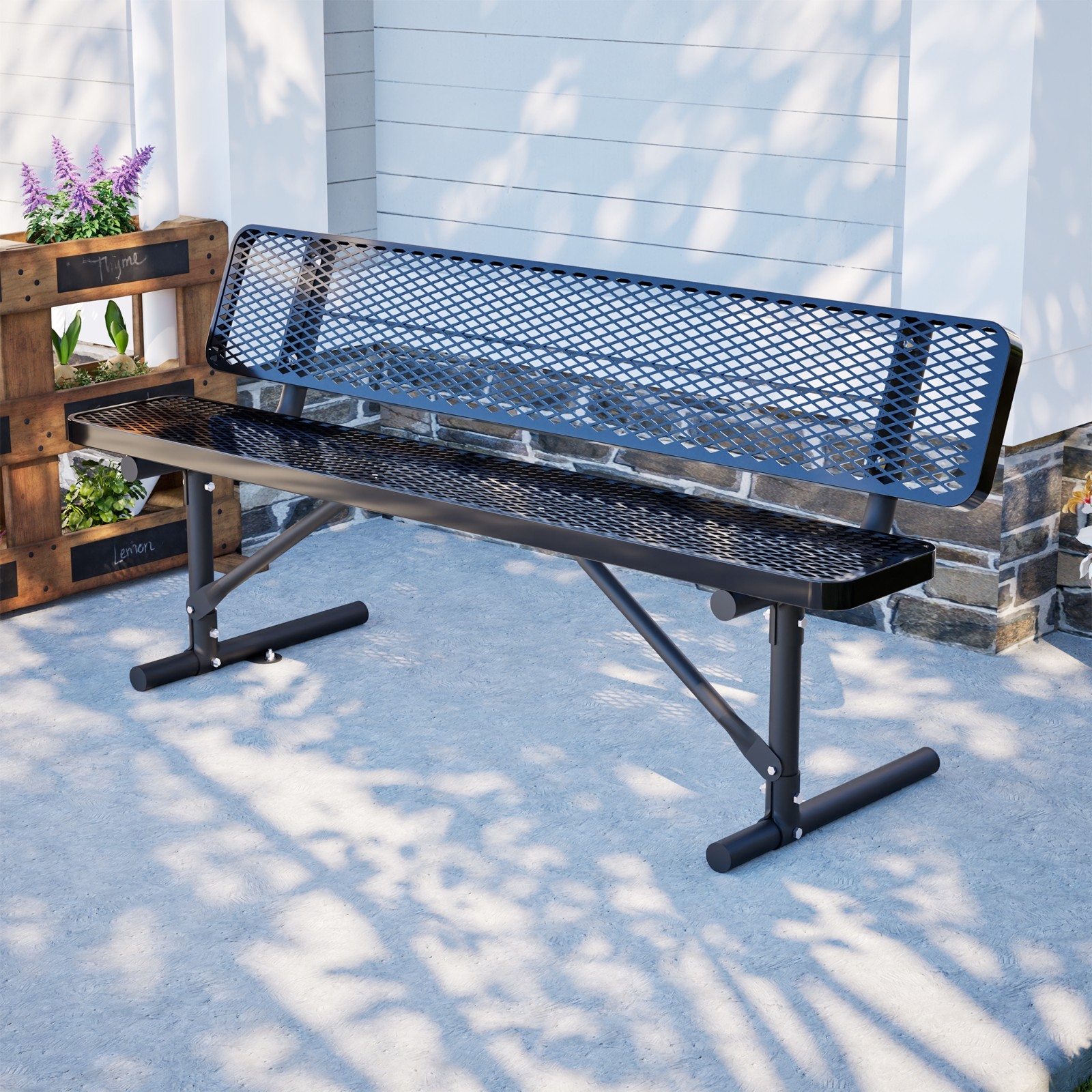 72.2" Outdoor Black Rectangle Metal Benches Steel Frame Patio Bench w/ Backrest gallery