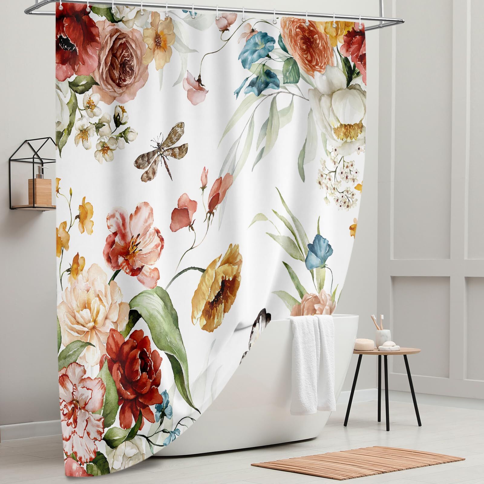 Rustic Blooming Red Yellow Floral Shower Curtain Colorful Watercolor Leaves w... gallery