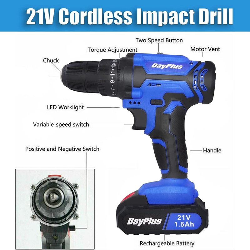 21-Volt drill 2 Speed Electric Cordless Drill / Driver with Bits Set / Battery gallery